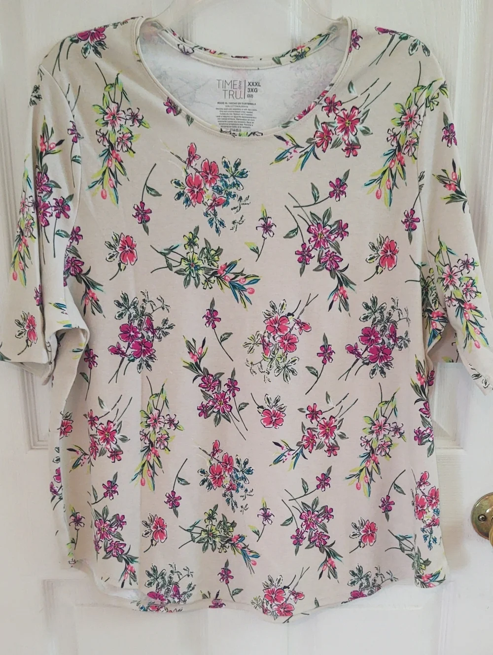 Time and Tru Cream Floral Short Sleeve Top with Pink & Green Accents- 3X